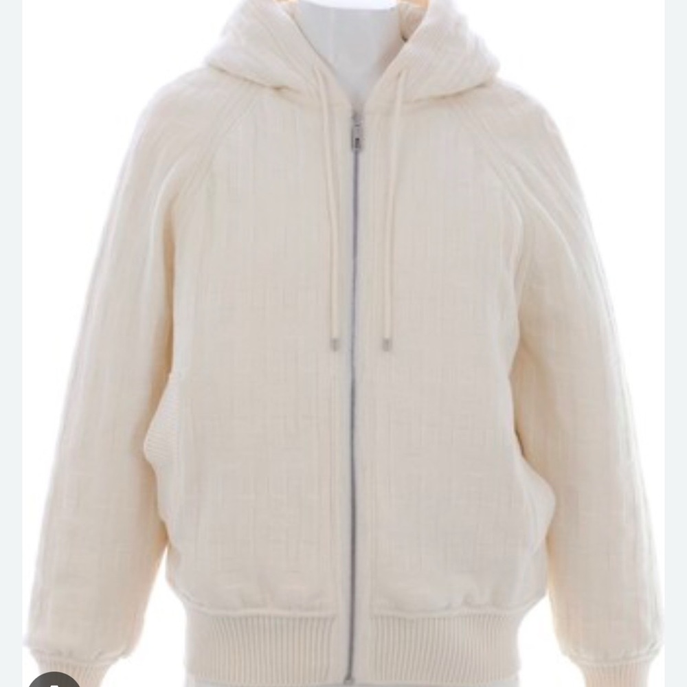 Cream Zip-Up Hoodie with Plush Material and Prominent Hood